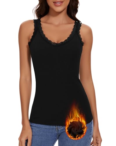 WOWENY Damen Thermo Unterhemd mit Spitze Untershirt Ärmellos Cami Tank Top Warm V Ausschnitt Camisole Fleece Elegant Spitzentop[Schwarz,S] von WOWENY