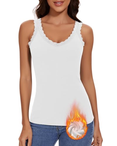 WOWENY Damen Thermo Unterhemd mit Spitze Untershirt Ärmellos Cami Tank Top Warm V Ausschnitt Camisole Fleece Elegant Spitzentop[Weiß,L] von WOWENY