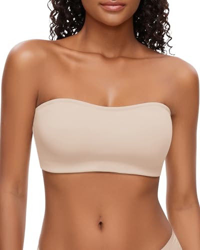 WOWENY Damen Trägerlos BH Push up Bandeau Top Damen Rückenfrei mit Abnehmbare Träger BH Damen Ohne Bügel Strapless Bra Unsichtbarer BH Damen Nahtlose Tube Top Beige L von WOWENY