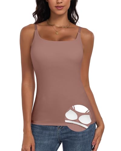 WOWENY Damen Unterhemd BH-Hemd Basic U-Ausschnitt Eingebauter BH Bügelloser Spaghettiträger Gepolstert Tank Tops,Braun,L von WOWENY