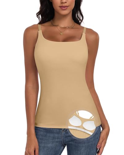 WOWENY Damen Unterhemd BH-Hemd Basic U-Ausschnitt Eingebauter BH Bügelloser Spaghettiträger Gepolstert Tank Tops,Khaki,XXL von WOWENY