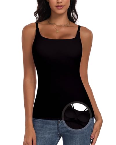 WOWENY Damen Unterhemd BH-Hemd Basic U-Ausschnitt Eingebauter BH Bügelloser Spaghettiträger Gepolstert Tank Tops,Schwarz,M von WOWENY