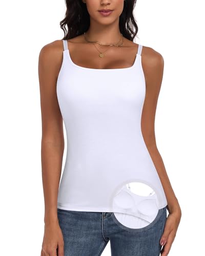 WOWENY Damen Unterhemd BH-Hemd Basic U-Ausschnitt Eingebauter BH Bügelloser Spaghettiträger Gepolstert Tank Tops,Weiß,M von WOWENY