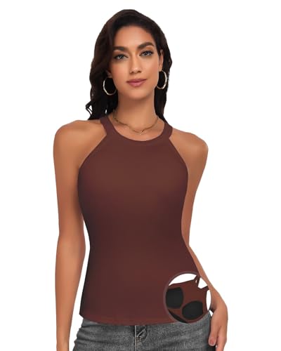 WOWENY Damen Unterhemden mit Integriertem BH, Gerippte Neckholder BH Tanktop, ärmellos Sommer Oberteile Cami Kaffee L von WOWENY