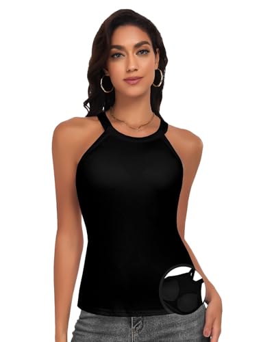 WOWENY Damen Unterhemden mit Integriertem BH, Gerippte Neckholder BH Tanktop, ärmellos Sommer Oberteile Cami Schwarz L von WOWENY