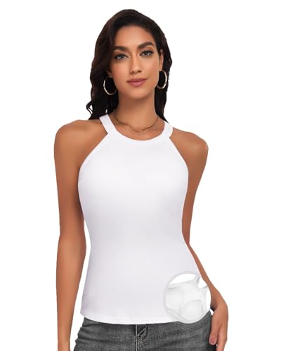 WOWENY Damen Unterhemden mit Integriertem BH, Gerippte Neckholder BH Tanktop, ärmellos Sommer Oberteile Cami Weiß M von WOWENY