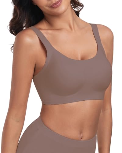 WOWENY Damen Vollschalen BH Ohne Bügel Gepolstert Starker Halt Nahtloser Bustier T-Shirt BH Bügelloser Bequemer Soft Bralette Kaffee L von WOWENY