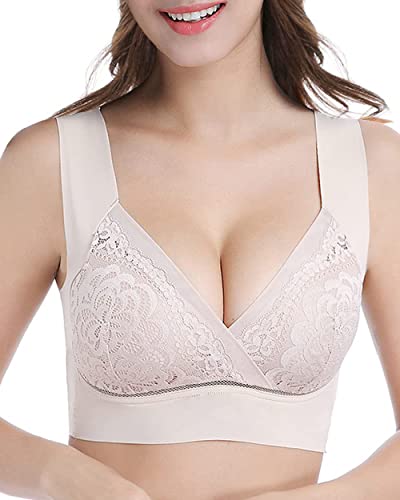 WOWENY Damen Vollschalen BH - Damen Nahtlos Spitzen BH - Komfort BHS Ohne Bügel - Zero Feel Bralette für Frauen, Weich und Bequem, Klassische Bustier Damen BH Modern Feeling (Z-Beige-1, M) von WOWENY