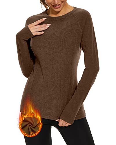 WOWENY Dralon Thermo-Unterwäsche für Damen, Fleece-gefüttert, langärmelig, Thermohemd, Basisschicht, Pullover, kaltes Wetter, Braun, Mittel von WOWENY