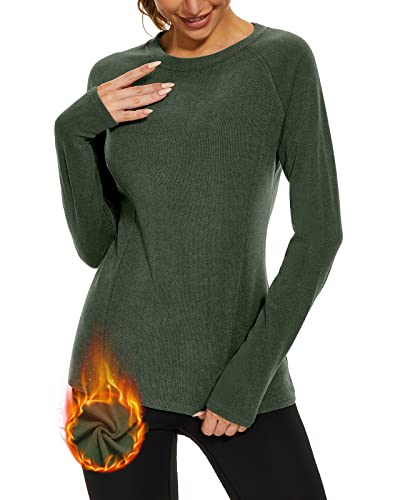 WOWENY Dralon Thermo-Unterwäsche für Damen, Fleece-gefüttert, langärmelig, Thermohemd, Basisschicht, Pullover, kaltes Wetter, Grün , Klein von WOWENY