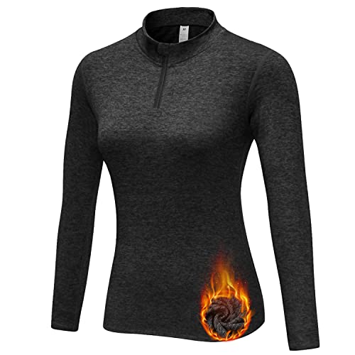 WOWENY Fleecejacke Damen Lang Funktionsshirt Laufshirt Damen Langarm Winter Schwarz mit 1/4 Reißverschluss -Thermo Shirt Sweatshirt Damen Ohne Kapuze Running T-Shirt Sport Top Schwarz L von WOWENY