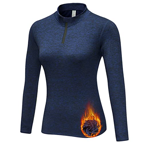 WOWENY Funktionsshirt Damen Langarm Laufshirt Winter Thermooberteil Sweatshirt Damen Ohne Kapuze Langarmshirt Sportshirt Fitness 1/4 Zip Wandershirt Atmungsaktiv U-Blau XL von WOWENY