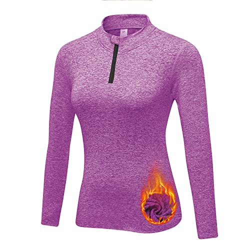 WOWENY Funktionsshirt Damen Langarm Laufshirt Winter Thermooberteil Sweatshirt Damen Ohne Kapuze Langarmshirt Sportshirt Fitness 1/4 Zip Wandershirt Atmungsaktiv U-Lila L von WOWENY