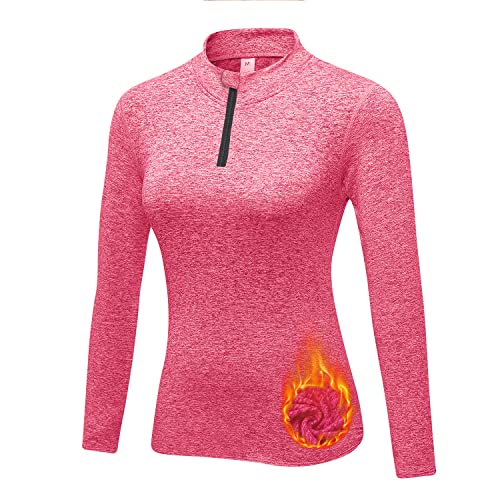 WOWENY Funktionsshirt Damen Langarm Laufshirt Winter Thermooberteil Sweatshirt Damen Ohne Kapuze Langarmshirt Sportshirt Fitness 1/4 Zip Wandershirt Atmungsaktiv U-Rosa XXL von WOWENY