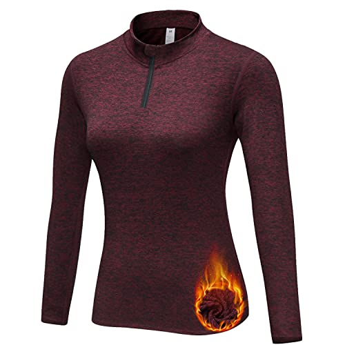 WOWENY Funktionsshirt Damen Langarm Laufshirt Winter Thermooberteil Sweatshirt Damen Ohne Kapuze Langarmshirt Sportshirt Fitness 1/4 Zip Wandershirt Atmungsaktiv U-Rotwein XL von WOWENY