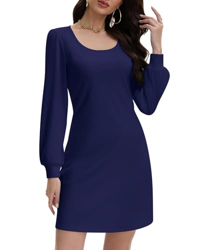 WOWENY Kleid Damen Elegant Winter Langarm Herbstkleid Puffärmel Pulloverkleid A-Linie Gerippt Strickkleid Weich Warm Lässig Kleider(Dunkelblau,S) von WOWENY