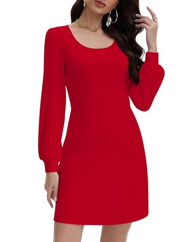 WOWENY Kleid Damen Elegant Winter Langarm Herbstkleid Puffärmel Pulloverkleid A-Linie Gerippt Strickkleid Weich Warm Lässig Kleider(Rot,L) von WOWENY