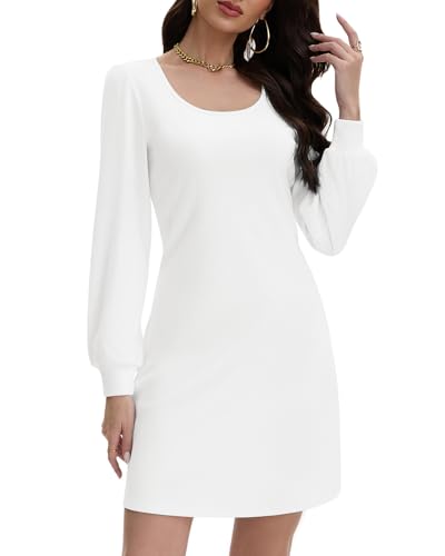 WOWENY Kleid Damen Elegant Winter Langarm Herbstkleid Puffärmel Pulloverkleid A-Linie Gerippt Strickkleid Weich Warm Lässig Kleider(Weiß,M) von WOWENY
