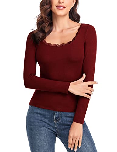 WOWENY Langarmshirt Damen sexy Rundhalsausschnitt Oberteile mit Spitzen Basic Shirt Langarm Shirts für Damen Slim fit elegant für Alltag,Dunkelrot,L von WOWENY