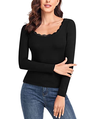 WOWENY Langarmshirt Damen sexy Rundhalsausschnitt Oberteile mit Spitzen Basic Shirt Langarm Shirts für Damen Slim fit elegant für Alltag,Schwarz,M von WOWENY