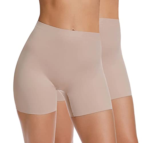 WOWENY Lange Frauen Panties Unterhosen mit Bein Damen Nahtlos Panty Unter Rock Hosen hohe Taille und Bequem Kurz, 2er Pack Beige Größe L von WOWENY