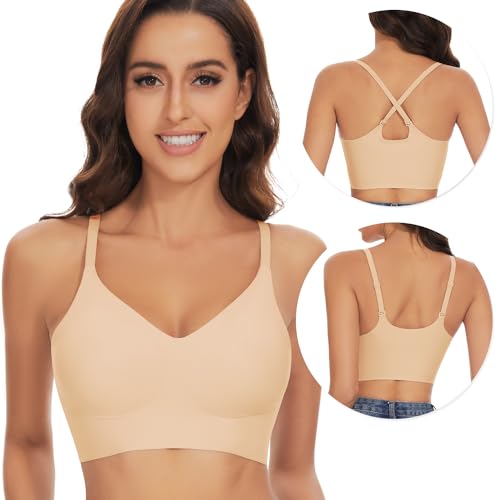 WOWENY Nahtloser BH Ohne Bügel Damen Bralette Gepolstert Bequemer Bügelloser T-Shirt BHS Pull-On Bra Crossback Bequemer Weicher Bustier[Beige, L] von WOWENY