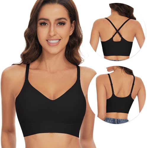 WOWENY Nahtloser BH Ohne Bügel Damen Bralette Gepolstert Bequemer Bügelloser T-Shirt BHS Pull-On Bra Crossback Bequemer Weicher Bustier[Schwarz, von WOWENY