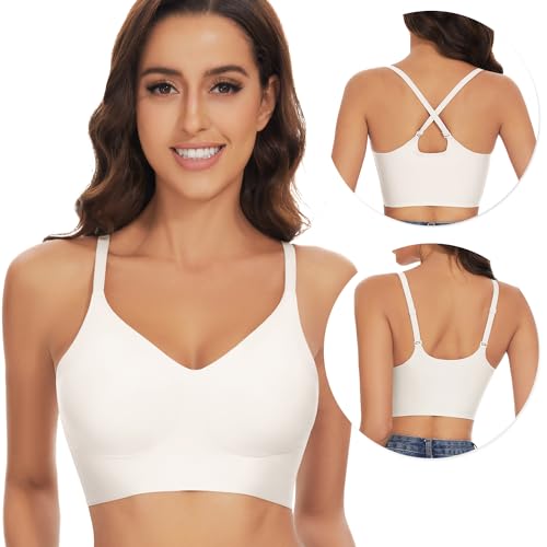 WOWENY Nahtloser BH Ohne Bügel Damen Bralette Gepolstert Bequemer Bügelloser T-Shirt BHS Pull-On Bra Crossback Bequemer Weicher Bustier[Weiß, L] von WOWENY