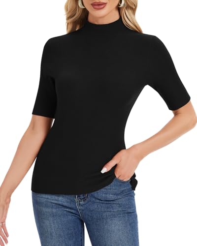 WOWENY Rollkragen Pullover Damen Stehkragen Halbarm Shirt Sommer Herbst Strickpullover Elegante Oberteile Casual Business Bluse Schwarz S von WOWENY