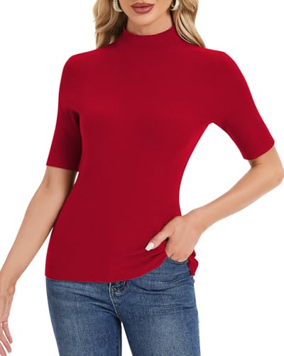 WOWENY Pullover Damen Elegant Halbarm Shirt Strickpullover mit Stehkragen Sommer Herbst Rollkragenshirt Stretch Slim Fit Bluse Einfarbig Oberteil Basic Top Rot L von WOWENY