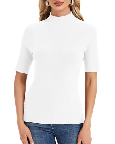WOWENY Pullover Damen Elegant Halbarm Shirt Strickpullover mit Stehkragen Sommer Herbst Rollkragenshirt Stretch Slim Fit Bluse Einfarbig Oberteil Basic Top Weiß S von WOWENY