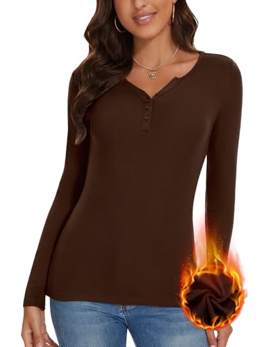 WOWENY Pullover Damen Winter Elegant Langarmshirt Mit Fleece Knopfleiste Gerippt Slim Fit Warme Pulli Basic Oberteile Sweatshirt Tops,Braun,M von WOWENY
