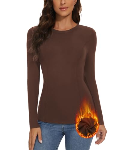 WOWENY Pullover Damen Winter Elegant Langarmshirt Mit Fleece Rundhals Gerippt Slim Fit Warme Pulli Basic Oberteile Sweatshirt Tops,Mocha,XL von WOWENY