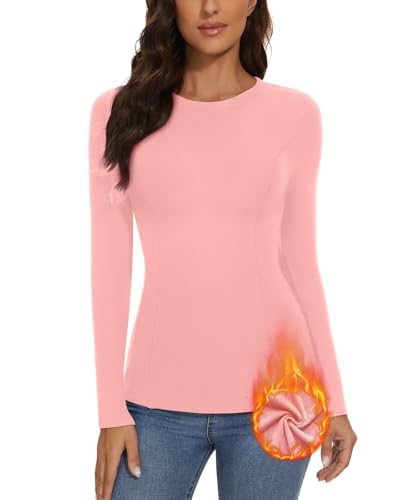 WOWENY Pullover Damen Winter Elegant Langarmshirt Mit Fleece Rundhals Gerippt Slim Fit Warme Pulli Basic Oberteile Sweatshirt Tops,Pink,M von WOWENY