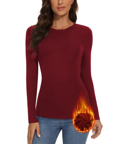 WOWENY Pullover Damen Winter Elegant Langarmshirt Mit Fleece Rundhals Gerippt Slim Fit Warme Pulli Basic Oberteile Sweatshirt Tops,Rotwein,S von WOWENY