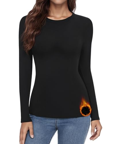 WOWENY Pullover Damen Winter Elegant Langarmshirt Mit Fleece Rundhals Gerippt Slim Fit Warme Pulli Basic Oberteile Sweatshirt Tops,Schwarz,S von WOWENY