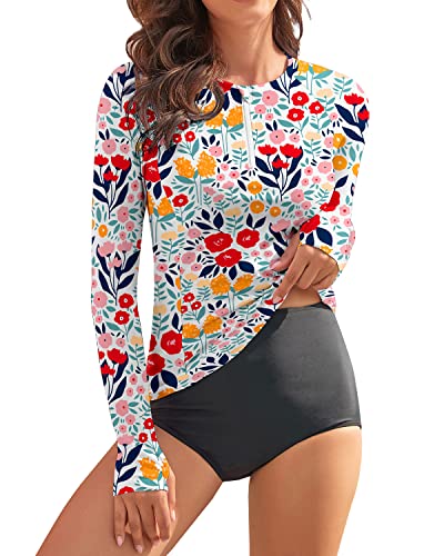 WOWENY Rash Guard Damen Langarm Surf Shirt Bademode Schwimmen Shirts Schwimmen Tankini,Farbige Blumen,2XL von WOWENY