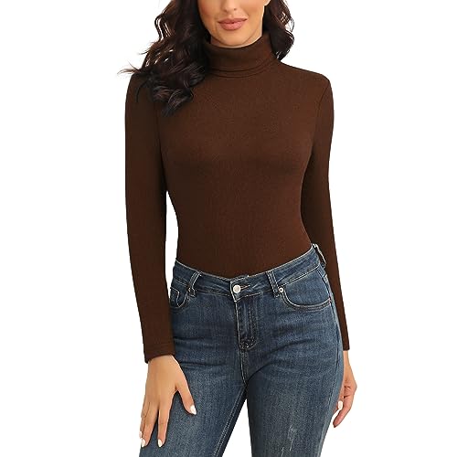 WOWENY Rolli Damen Langarm Warm Thermo Oberteil Winter Rollkragenpullover Elegant Stehkragen Fleece Shirt Extra Warme Dralon Unterhemd Bequem Leicht(Braun, XXL) von WOWENY