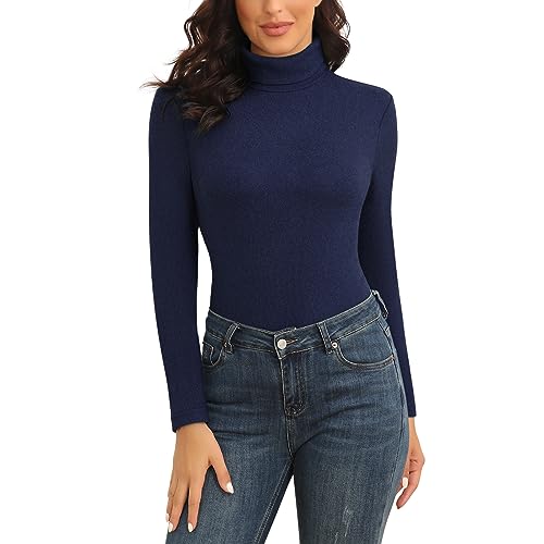 WOWENY Rolli Damen Langarm Warm Thermo Oberteil Winter Rollkragenpullover Elegant Stehkragen Fleece Shirt Extra Warme Dralon Unterhemd Bequem Leicht(Dunkelblau, XL) von WOWENY