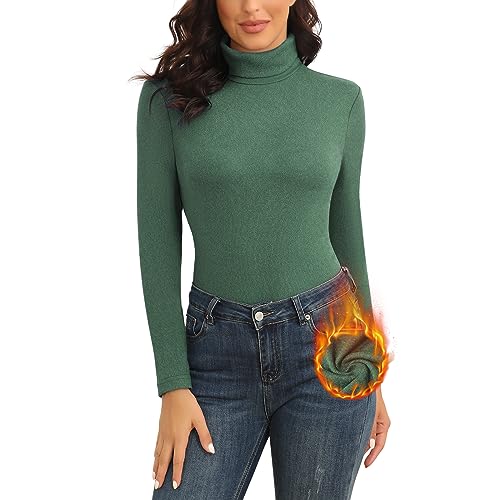WOWENY Rolli Damen Langarm Warm Thermo Oberteil Winter Rollkragenpullover Elegant Stehkragen Fleece Shirt Extra Warme Unterhemd Bequem Leicht(Grün, XL) von WOWENY