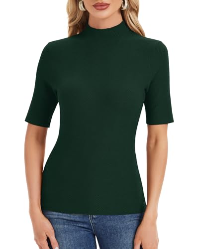 WOWENY Rollkragen Pullover Damen Stehkragen Halbarm Shirt Sommer Herbst Strickpullover Elegante Oberteile Casual Business Bluse Grün XXL von WOWENY