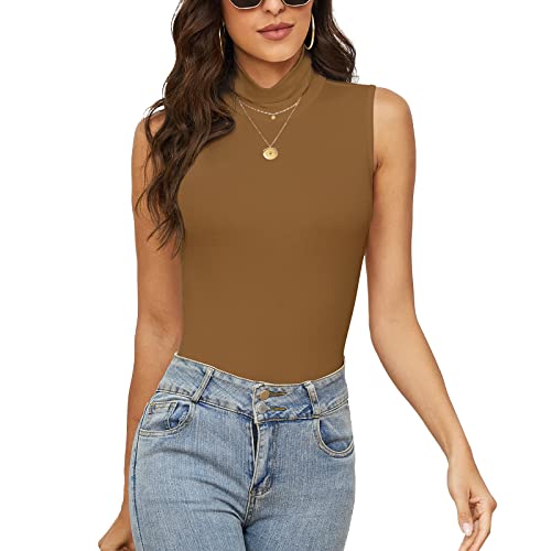 WOWENY Rollkragen Top Damen Ärmelloses Rollkragen Pullover Tanktop für Damen Basic Einfarbig Stretch Weste Sleeveless Shirt Bronze L von WOWENY