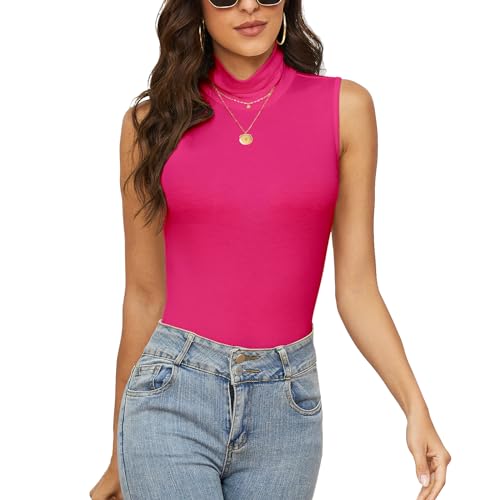 WOWENY Rollkragen Top Damen Ärmelloses Elegant Rollkragen Pullover Tanktop für Damen Basic Einfarbig Stretch Sleeveless Shirt Unterziehrolli Rosa M von WOWENY