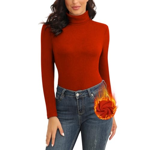 WOWENY Rollkragenpullover Damen Rot Warm Basic Stehkragen Pullover Thermo Oberteil Sweater Elegant Langarmshirt Rolli Langarm für Winter Herbst(Rot, L) von WOWENY