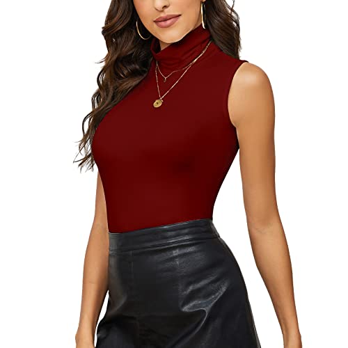 WOWENY Rollkragenshirt Damen Ärmellos Rollkragen Oberteil Unterziehrolli Sleeveless Einfarbiges Tshirt Elegant Tops(Weinrot, L) von WOWENY