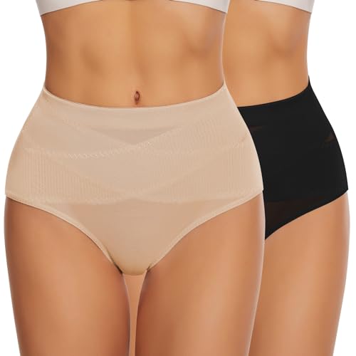 WOWENY Shapewear Damen Bauchweg Unterhose 2er Pack Figurformende Taillenslip Unterbauch Weg Slip Mittlere Taille Miederslips Stark Formend[Schwarz+Beige, 2XL] von WOWENY