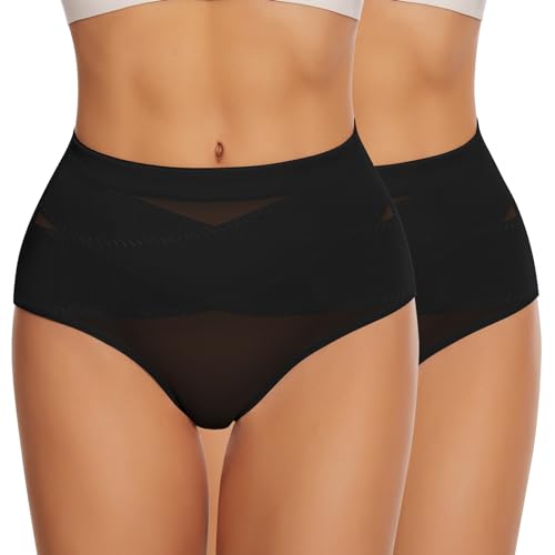 WOWENY Shapewear Damen Bauchweg Unterhose 2er Pack Figurformende Taillenslip Unterbauch Weg Slip Mittlere Taille Miederslips Stark Formend[Schwarz, 2XL] von WOWENY