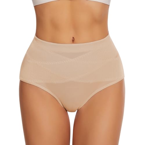 WOWENY Shapewear Damen Bauchweg Unterhose Figurformende Taillenslip Unterbauch Weg Slip Butt Lifter Mittlere Taille Atmungsaktive Mesh Miederslips Stark Formend[Beige, von WOWENY