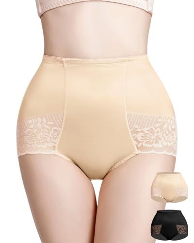 WOWENY Shaping Unterwäsche Damen 2er Pack Bauchweg Shapewear Slip Spitze Miederslips Nahtlos Figurformende Unterhosen Tummy Control (Schwarz+Beige, L) von WOWENY