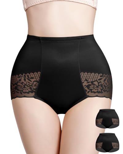 WOWENY Shaping Unterwäsche Damen 2er Pack Bauchweg Shapewear Slip Spitze Miederslips Nahtlos Figurformende Unterhosen Tummy Control (Schwarz, L) von WOWENY